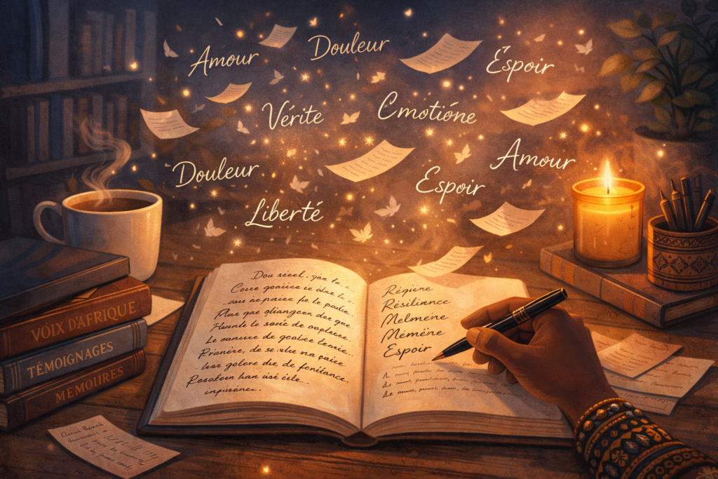 Illustration d’un carnet de poésie ouvert sur une table, entouré de livres et d’une lumière douce, symbolisant l’écriture, la mémoire et l’inspiration poétique.