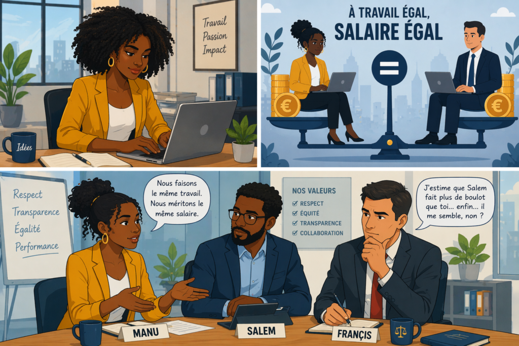Montage illustré sur le thème de l’égalité salariale en entreprise. Une salariée est montrée au travail, puis une scène symbolique présente une balance entre une femme et un homme avec le slogan « À travail égal, salaire égal ». Dans une réunion, la salariée affirme qu’un même travail doit donner droit au même salaire. Un collègue semble soutenir l’échange, tandis qu’un autre exprime un biais en suggérant que son collègue masculin travaillerait davantage. L’ensemble met en avant les notions de respect, d’équité, de transparence et de collaboration.