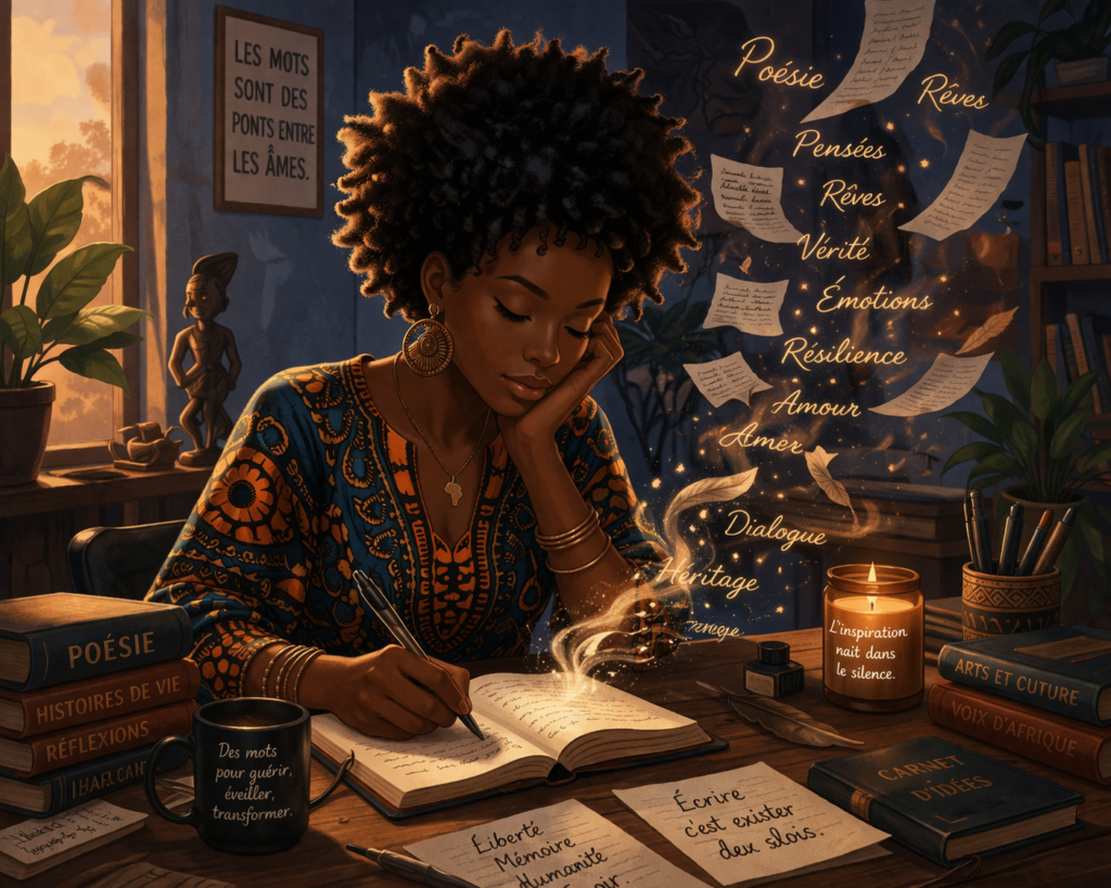 Illustration d’une femme afro aux cheveux crépus écrivant dans un carnet, entourée de mots poétiques flottants, symbolisant l’inspiration, la réflexion et la puissance de la parole.