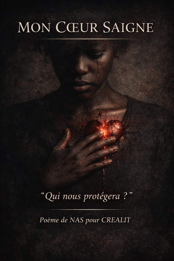 Illustration d'une jeune femme dont le coeur saigne suite à toutes les violences que subissent les enfants, les femmes autour d'elle