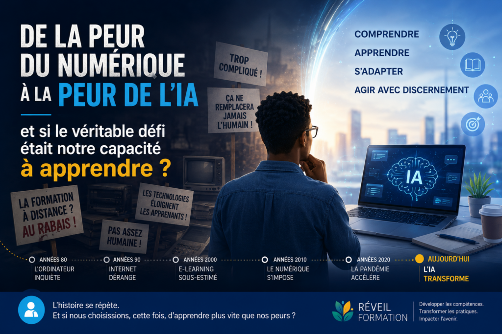 L'image présente la chronologie des resistances à l'innovation au fil des années: peur de l'ordinateur, peur d'internet, peur des outils numériques, peur de l'IA...